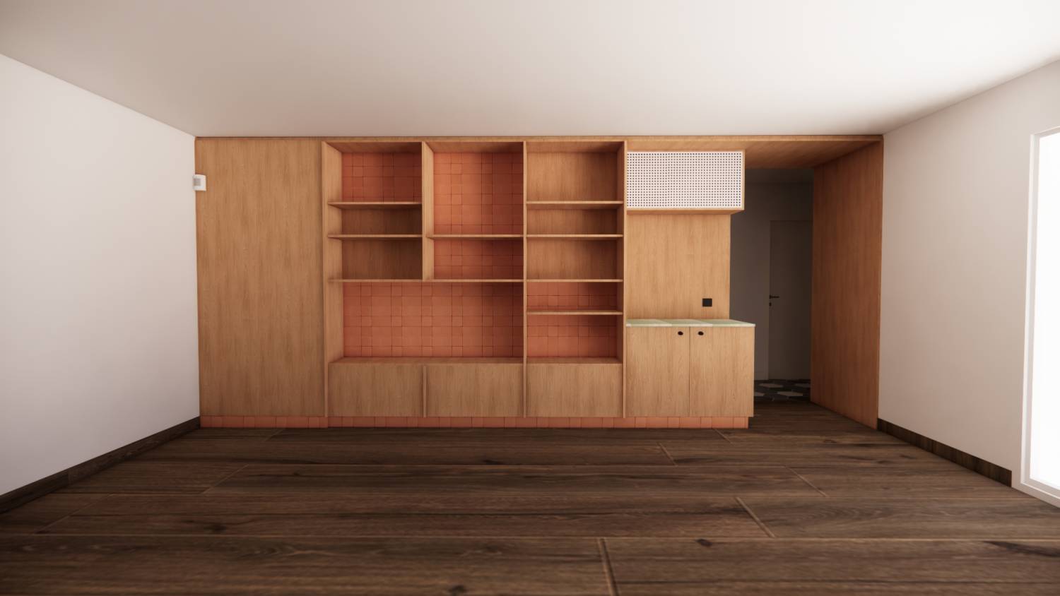 Project DFR - Version 2 w/ cupboard on the right - Custom living room furniture © Studio Flodeau